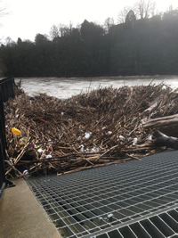 Sticks on the weir as the Taff Floods