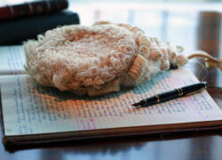 Powdered wig and fountain pen on notebook