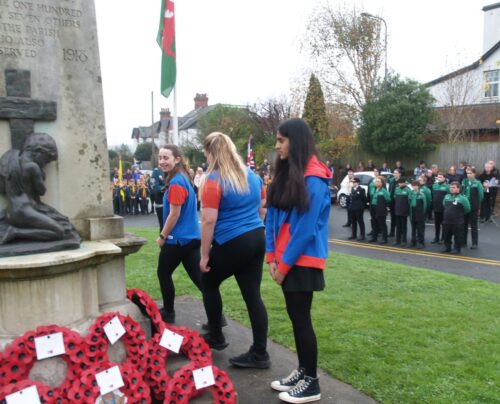 Guides placing their wreath at the Radyr War Memorial